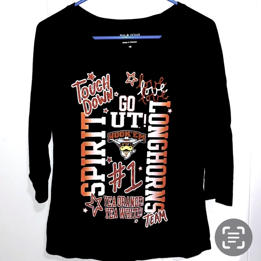 LONGHORNS HOOK’EM HORNS GO UT FOOTBALL BLACK ORANGE  TEE SHIRT 3/4 SLEEVE